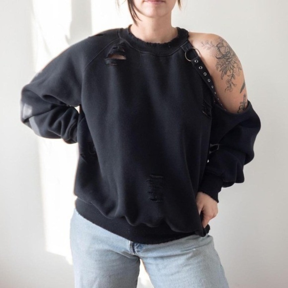 Emma & Sam Distressed EGirl Black Crewneck Sweater Size XS Edgy Punk